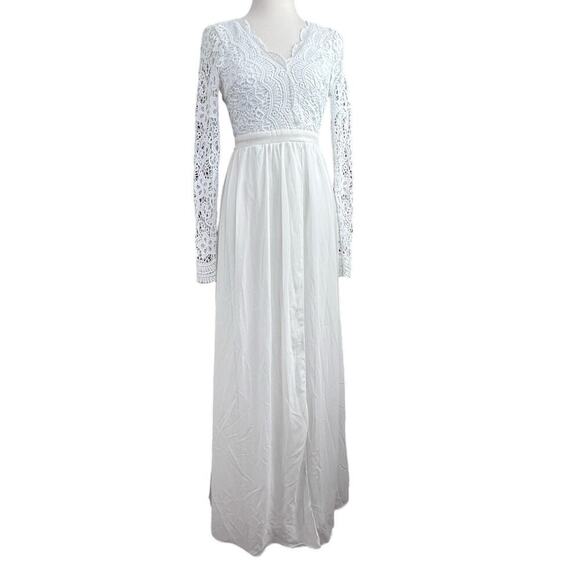 BEAUTIFUL MANIJU Ivory Lace Sheer Gown Long Sleeve Open Back Maxi Small - Picture 1 of 11